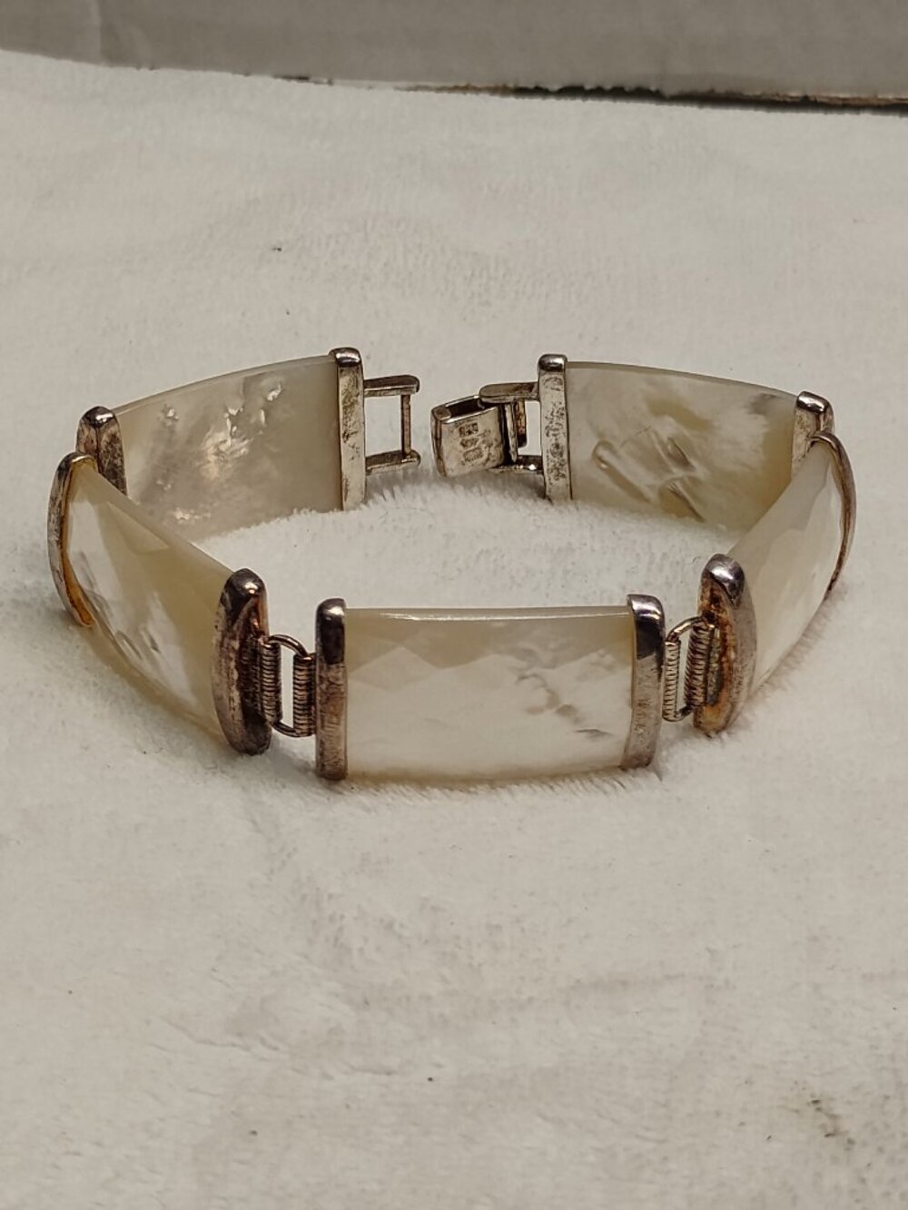 Vintage WW Hong Kong 925 Sterling Silver Mother Of Pearl Panel Link Bracelet - Picture 3 of 11